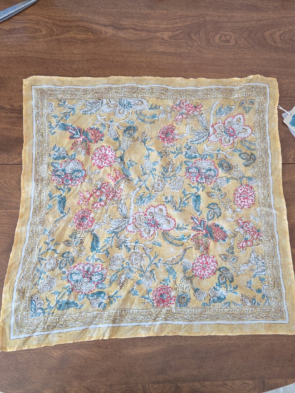 Vismaya Yellow Floral Scarf with Pink Embroidery and Blue Accents - 100% Cotton
